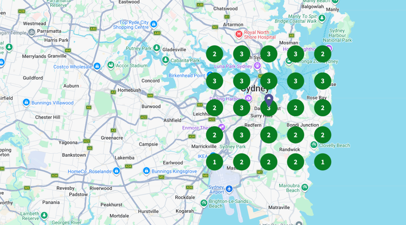 Google Maps rank grid for Sea Cow across Sydney