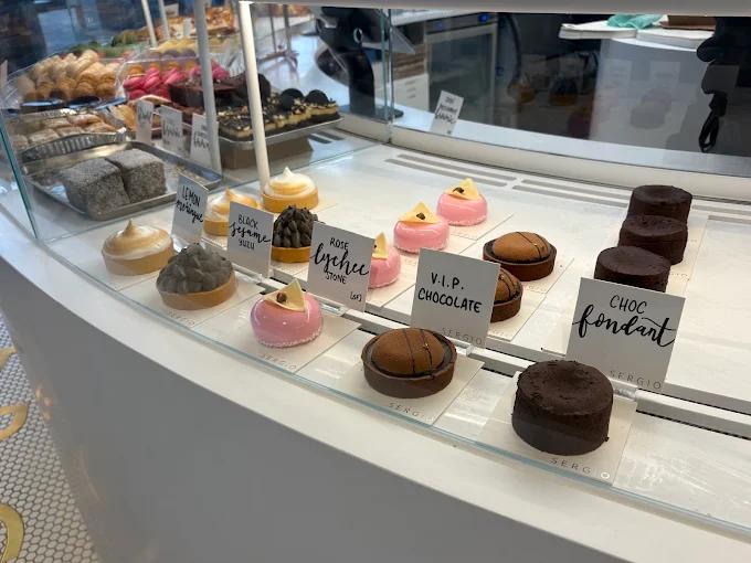 Pastries in the display cabinet at Sergio Patisserie Sydney Fish Market