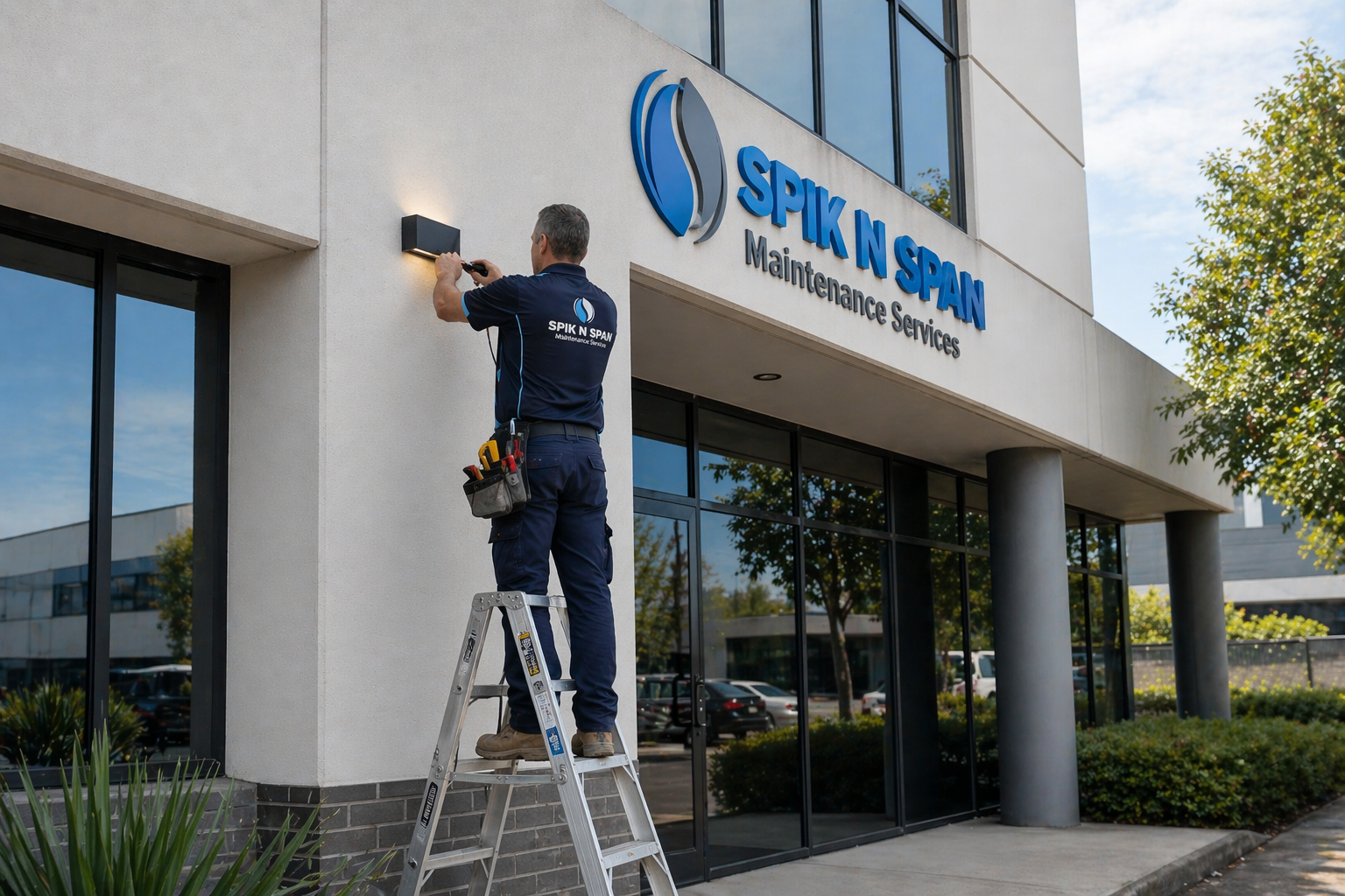 A Spik N Span technician working on a commercial building in Sydney